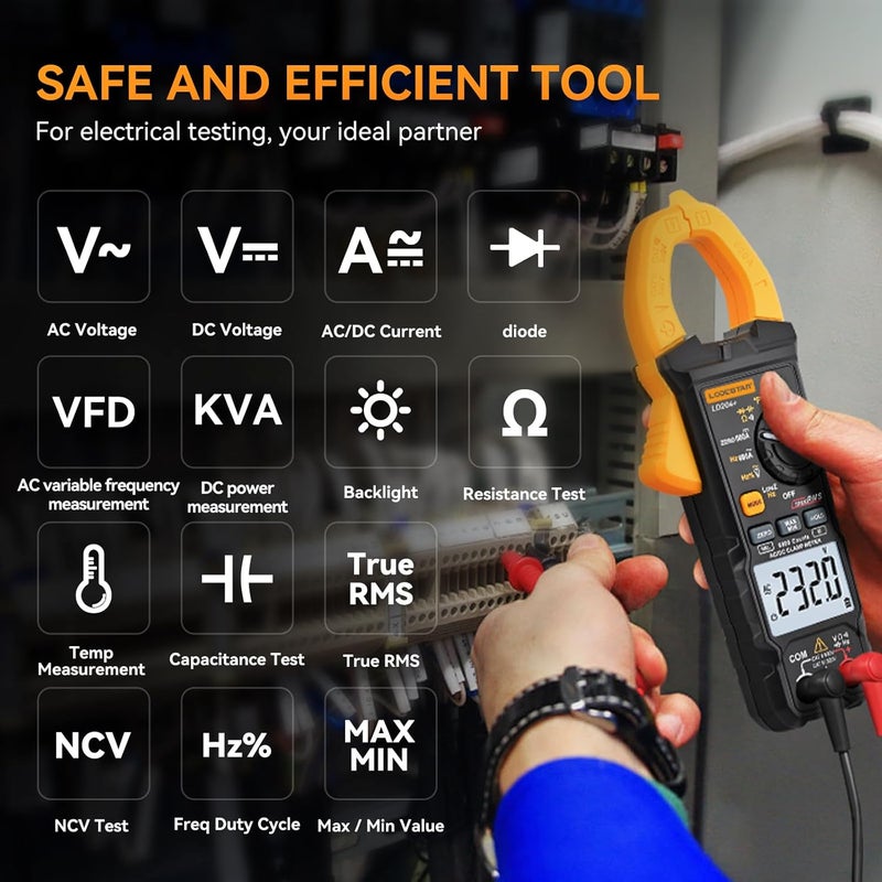 KDator Digital Clamp Meter 6000 Counts Voltage Tester with Auto Range,AC/DC High Voltage,AC/DC Current,DC Power, ACV VFD, Resistance, Capacitance, Diode, Live Wire Test, NCV, True RMS,AC Current Meter LD206+ - Image 3